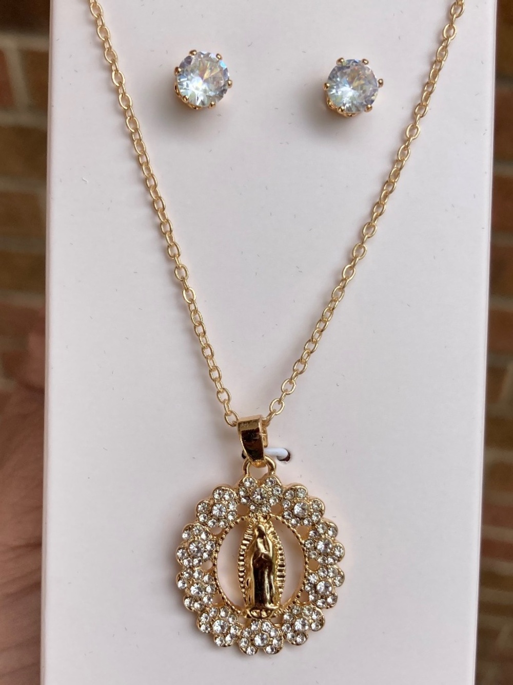 Gold-Plated Necklace & Earring Cubic Zirconia Our Lady of Guadalupe Pendant